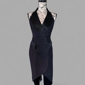 Vintage 1980s Tuxedo Dress~Halter T-Back~Tailcoat Hem~ size 3/4 ~ Made in USA